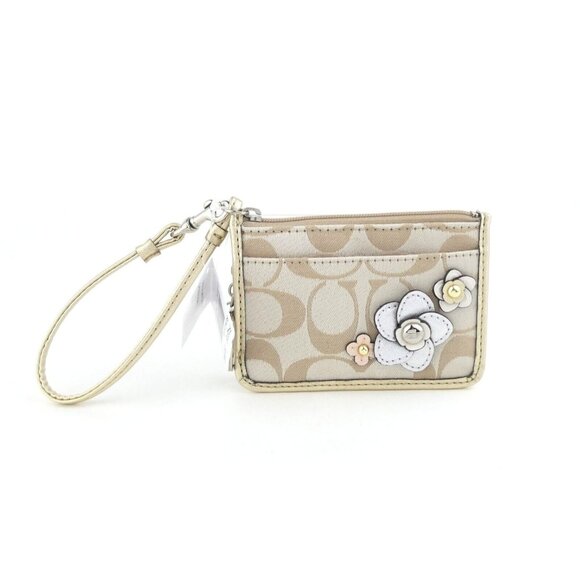 Coach Signature Flower Applique Light Khaki Gold ID Skinny Wristlet NWT F48761 - Picture 1 of 4